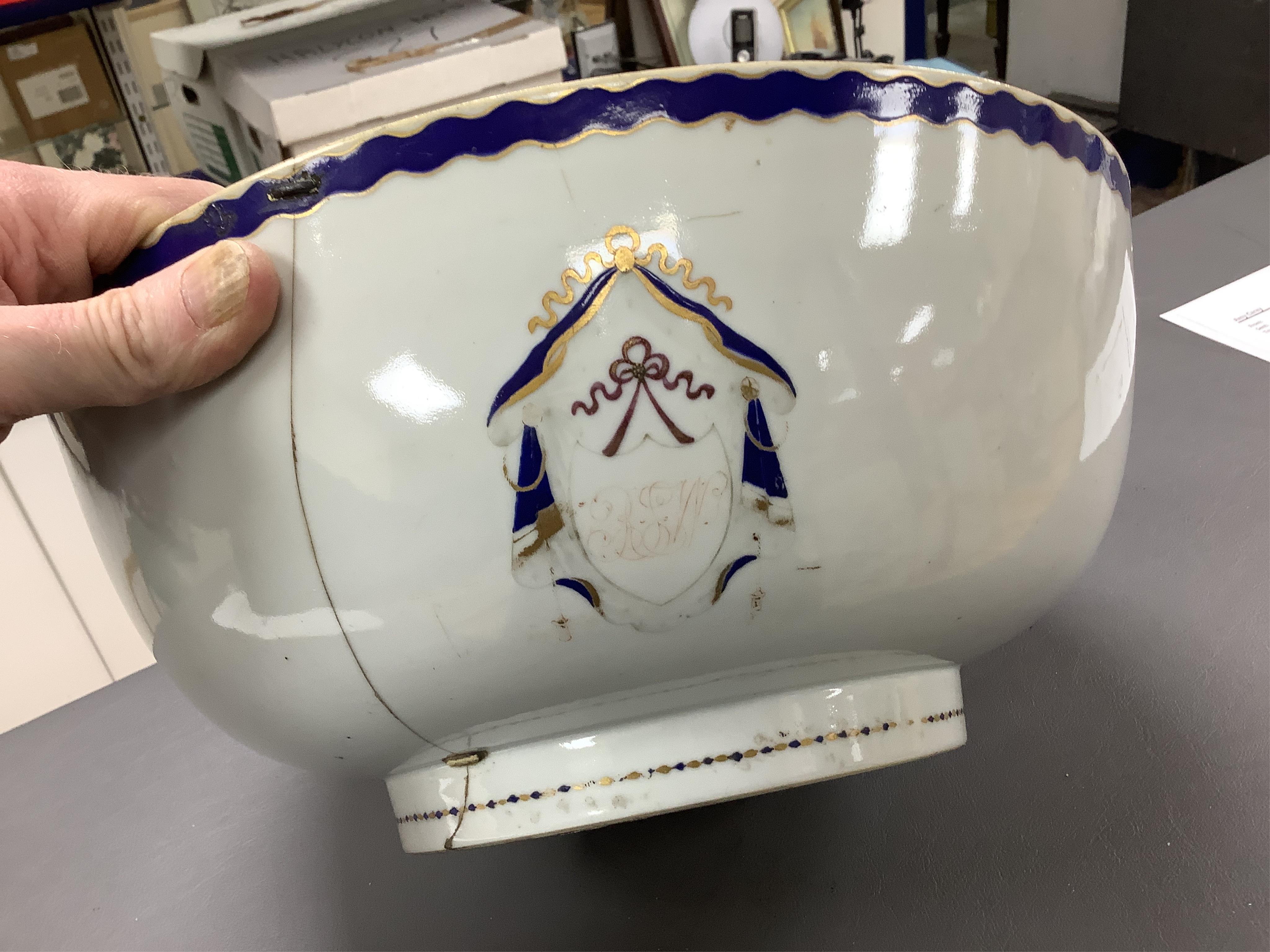 An 18th/19th century Chinese tea bowl and saucer, a punch bowl, two tea bowls and a Paris porcelain vase, largest 31cm